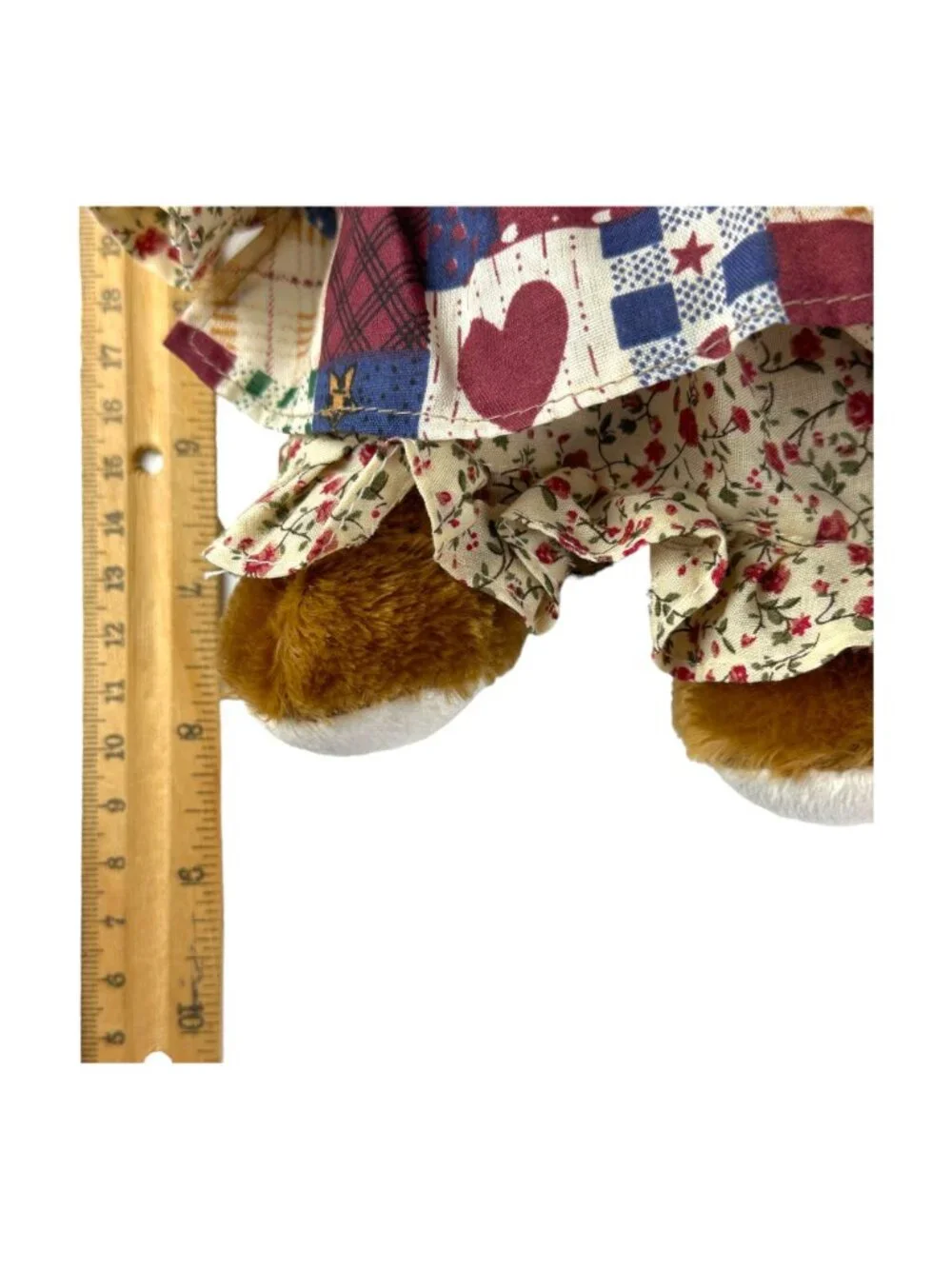 Stuffed Animal Plushland Brown Teddy Bear Dressed In Floral & Patchwork Dress Ho